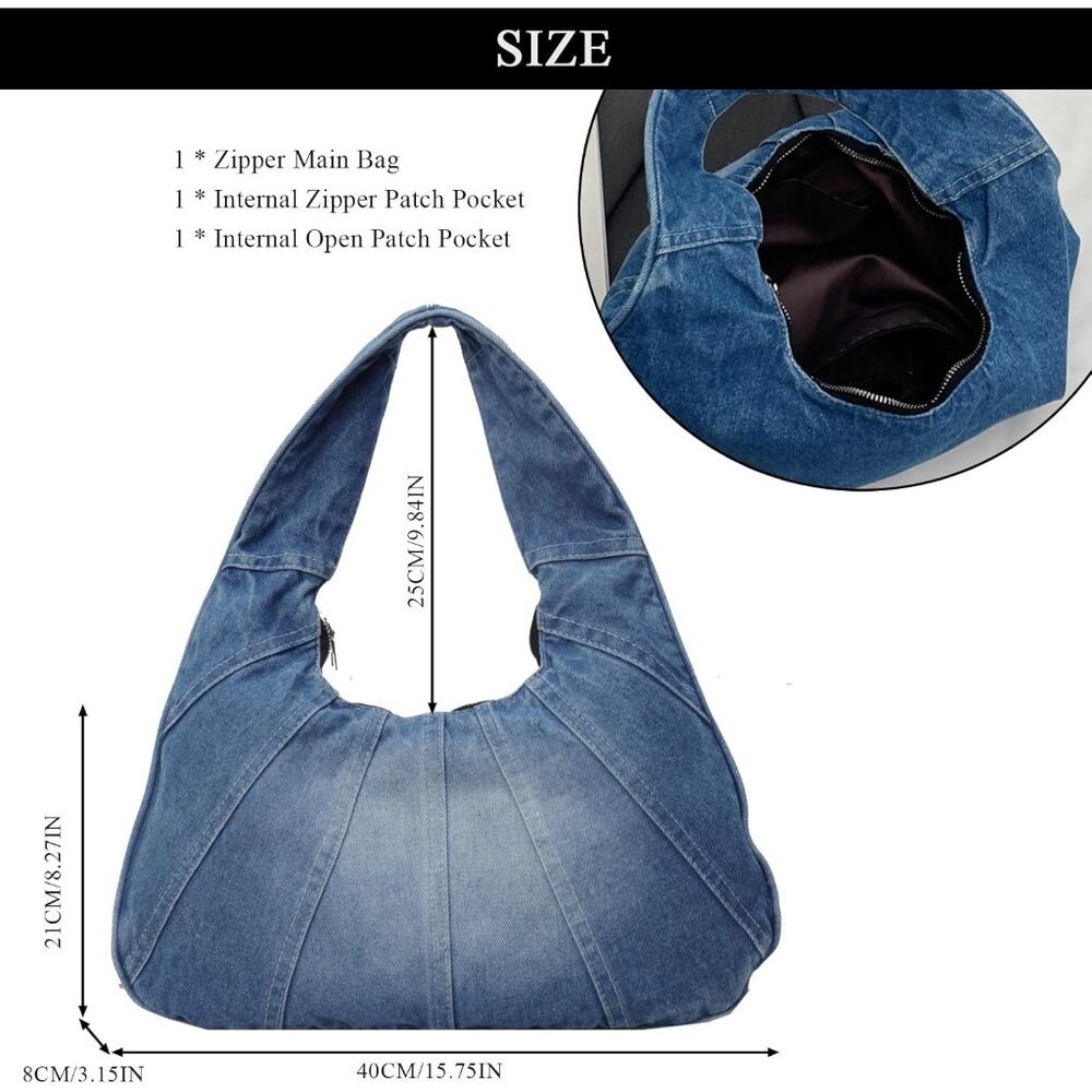 Denim Hobo Tote Bag Women Zipper Closure Multi-Purpose Casual Fashion - Picture 3 of 7